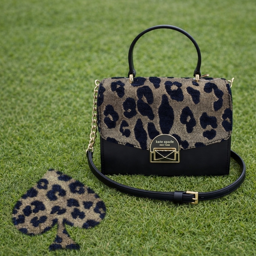 Nwot kate spade Black and Gold Leopard-Print Top Handle Satchel